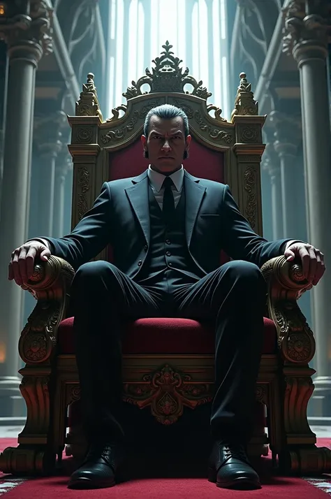 Kazuya Mishima sitting on a throne looking out of a building.