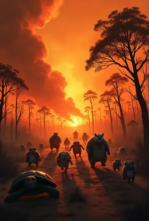 Landscape with fires, smoke, animals fleeing the fire like capybaras,Monkeys,turtles,koalas,and others with burned trees in animation 