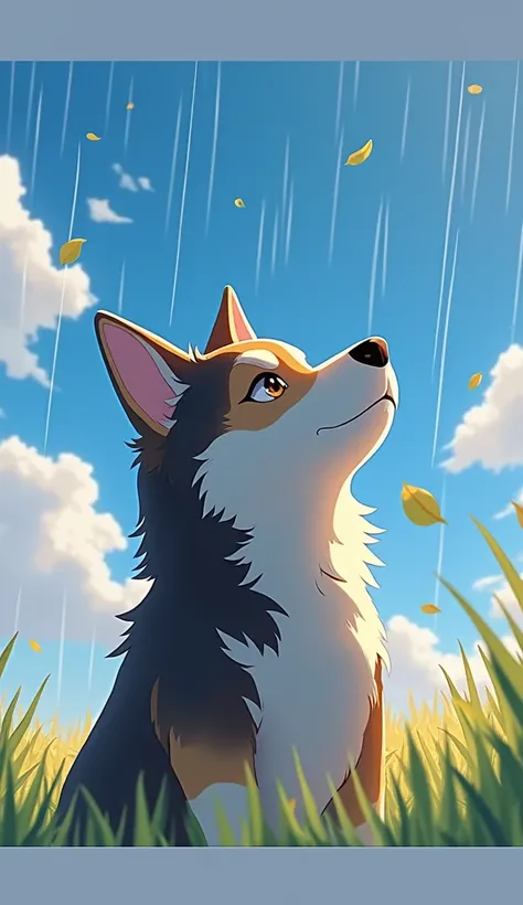 A realistic anime style dog, with sun rays and sun (from low to top angle view)anime sitting in the grass with drizzling leafs all over the place ,Makoto Shinkai style lofi artstyle, lofi aesthetic, lofi art, inspired by Liam Wong, lofi feel, in style of m...