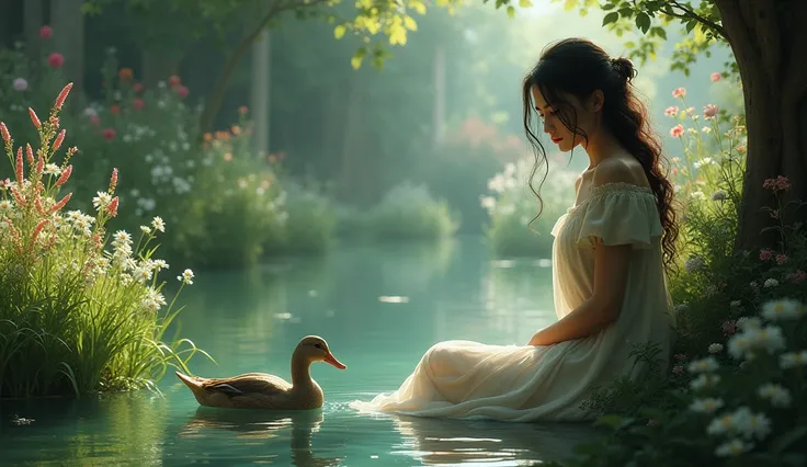 a beautiful sad woman sitting in the garden and river and duck side image 