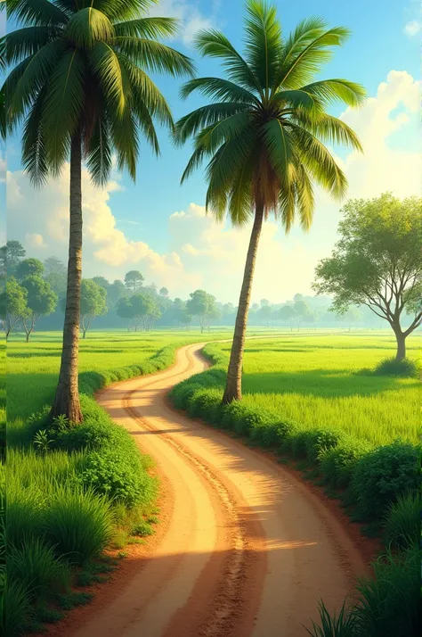 a dirt road with a dirt path between two palm trees and a field with green grass and trees on both sides, Bholekar Srihari, samikshavad, hdr, a picture