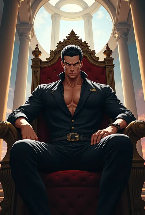 Kazuya Mishima sitting on a throne looking out of a building. (More anime face)