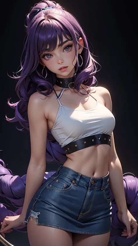 (masterpiece), (best quality), (detailed), light layer, 1solo girl, young girl, perfect body, purple hair in curls, defined large chest, small waist,defined collarbone, ultra realistic, photorealistic, detailed, ,Enhance, wearing a blue Black Double Layer ...