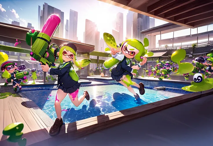 (masterpiece, best quality:1.1), popart, (many Inklings(from "Splatoon") are playing Splatoon pretend in outdoor pool),wearing school uniforms, a lot of ink on their bodies,playing with paint on each other using water-gun and ink-gun,splattered ink,colorfu...