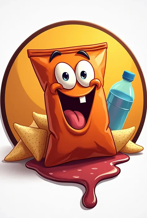 Circle logo in animated cartoon style of a Doritos bag with ground beef oozing out and a plastic bottle on the side