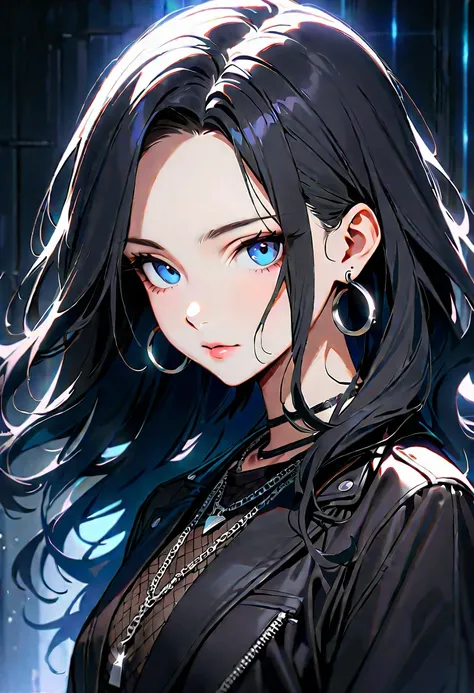 (masterpiece, best quality:1.3), A woman, 19-years-old, solo, Caucasian, (long black wavy hair thats parted in the middle, no bangs:1.2), mature face, blue eyes, black netted shirt, black leather jacket, large silver chain necklaces with diamond pendants, ...