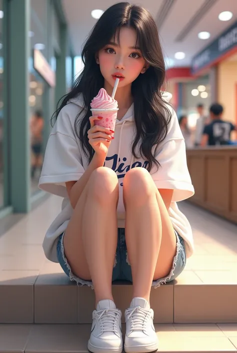 "K-pop style women&#39;Realistic image、Korean Beauty, length, ウェーブのかかったBlack Hair. she、Sitting on the steps of a shopping mall eating lacto ice cream。He is wearing a white Nike short-sleeve hoodie.., Wear short jeans、White Nike sneakers. One Girl, Please o...