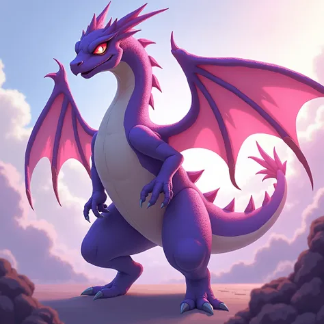 Create a purple and pink Charizard that is a Poison type with poisonous spikes on its tail and torso., anime style 