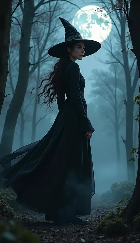 Young fair-skinned western witch. Wears black 20th century clothing, wears a black pointy witch hat.
This is in a forest where you can see the full moon in the background.