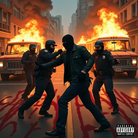 Man in balaclava fighting with police, two vehicles on fire, letters dripping blood written Street Fight, parental advisory logo in the bottom right corner 