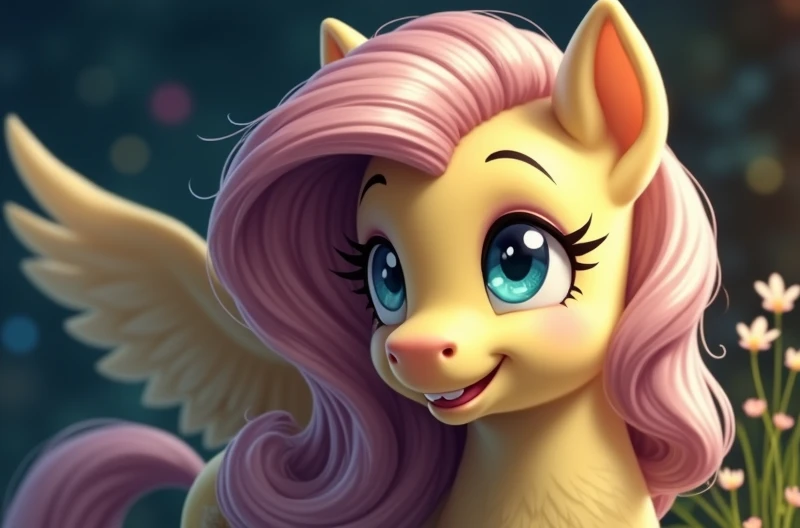 A pony with yellow fur, blue eyes , and a soft smile on her face.