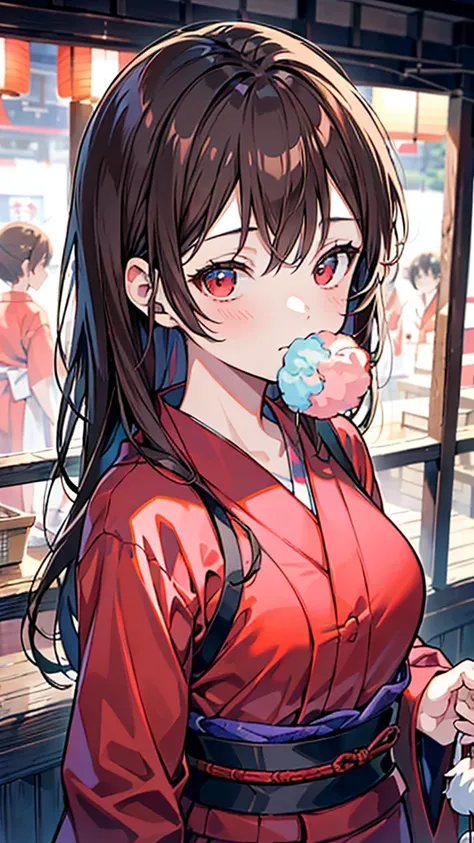 A beautiful young girl with long, reddish-brown hair in a straight style, wearing a red yukata at a Japanese summer festival, holding a cotton candy, delicate features with slit eyes and red eyes, gentle colors, high resolution, Japanese illustration style...