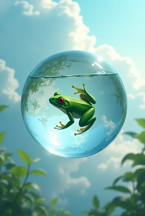 A floating mass of water，The water mass is round，Flying in the sky，A frog swimming in it，The color of the frog is green