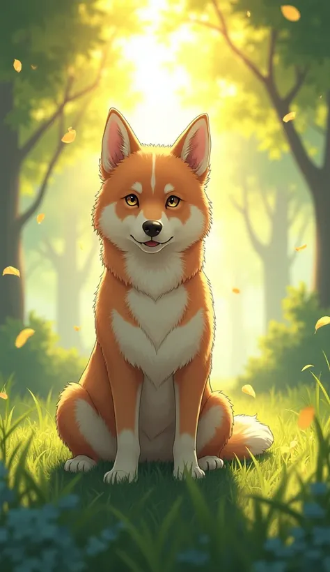 Anime illustration of an  realistic style dog, with sun rays and sun (from low to top angle view)anime sitting in the grass with drizzling leafs all over the place