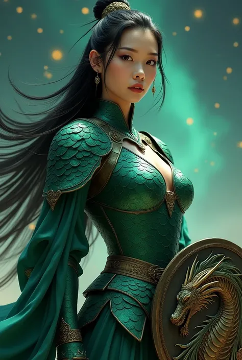 A young woman wearing green metallic medieval armor with dragon scales. Their hair is black and long, her breasts are big and her nationality is Chinese. on his arm a round shield with the dragon&#39;s head carved on it. in the sky the dragon constellation...