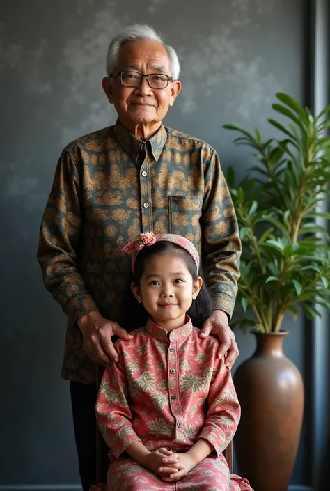 photography, indoor photo, whole body, a 4 Indonesian woman sitting on a chair, wear a headscarf, wearing a long batik shirt, behind him stood a 50 year old father with a clean face, very short hair, wearing glasses, wearing formal batik clothes, gray abst...