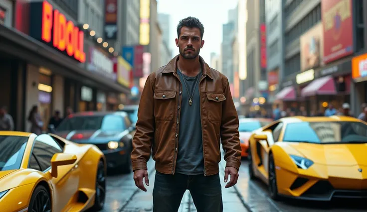 A man in a leather jacket stands confidently on a bustling city street, surrounded by sleek cars, including a vibrant yellow sports car in the foreground. People walk along the sidewalks, while traffic moves steadily in the background, creating a dynamic u...