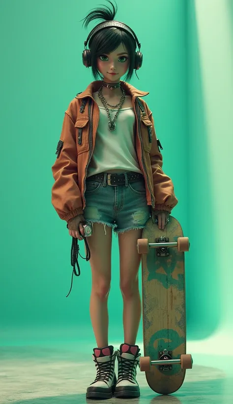 Super realistic, Cinema 4D rendering, wide shot, 1 androgynous lady, solo, full body, standing and looking at the viewer, grin. Cyberpunk hairstyle, green eyes. Cyberpunk costume that shorts and boots and accessories, headphone, skateboard, simple color ba...