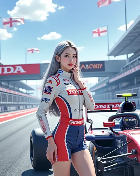 (masterpiece, best quality, beauty, best ratio, best shadows,best Illustration, wallpaper size,1080×2400 pixels,detailed face,1 girl,  japanese theme, detailed costume) 


A realistic racing scene featuring female ( golden ratio face, big eye ,grey color h...