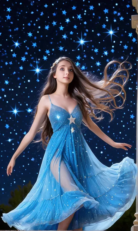 a cute woman (age 25, long flowing hair with sparkling stars in it, over large eyes very bright and reflective, airy sheer blue dress with many layers)is dancing through a night sky, in her wake stars and planets are born trailing slowly behind her and dri...