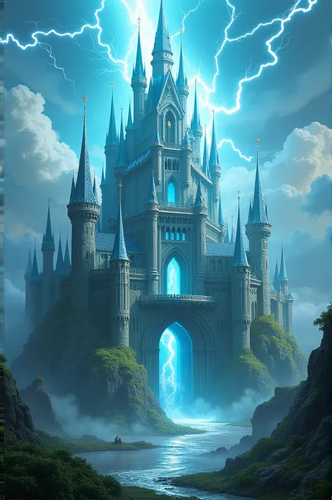 A turquoise blue castle with white details, the castle of the King who has lightning powers