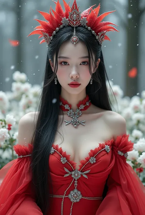 Stylish photography,Beautiful Korean Women,elegant long black hair, solid chest full,red dress silver ornament elegant sexy, high collar,hemisphere wearing a red leaf crown,staring intently,sexy style,show beautiful legs,in the middle of a white flower gar...