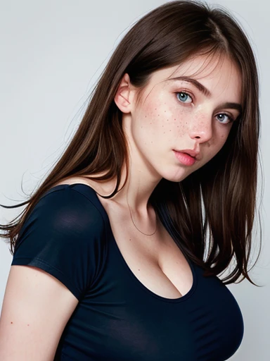 ( girl), Russian, (brown hair), blue eyes, transparent white skin, freckles on the cheeks, (full lips), round nose, thin face. realistic, long legs,He is wearing a dark blue t-shirt, photo sexy, back photo, (big breasts: 1.5)