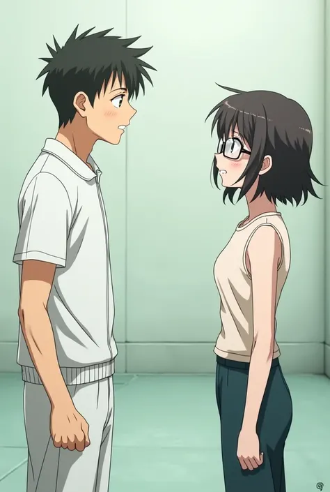 A man in a white gym suit looks up and tells a short-haired woman with glasses. Japanese anime.