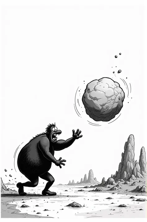 Cartoon funny giant throw rock to an island black and white