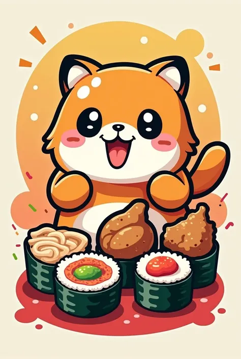 Kimbabby logo design incorporating Korean kimbab image, sushi, and chicken thighs in a cute and attractive appearance for teenagers