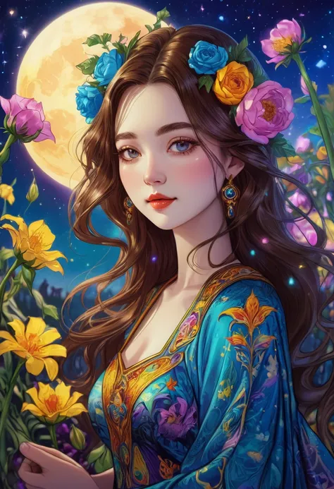 Tarot Cards, beautiful, a girl reading Tarot Cards,Smiling girl,beautiful細部,Detailed lips,Tarot Cards,Ancient Tarot Decks,illustrated Tarot Cards,Vibrant colors,Mysterious atmosphere,Magic Garden,Flowers Bloom,moonlight,Night Sky,Soft Glow,Artistic Oil Pai...