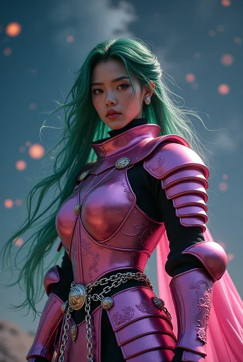 A young woman wearing pink metallic medieval armor with chains on her arms. her hair is green and messy, her breasts are big and her nationality is Japanese. in the sky the constellation of andromeda shines