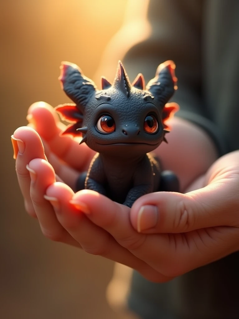 A tender scene featuring a small, adorable black dragon, no larger than a housecat, gently cradled in a humans cupped hand, conveying a sense of nurturing and care, with the dragons soft, fluffy fur a warm black color, and its large red eyes looking trusti...