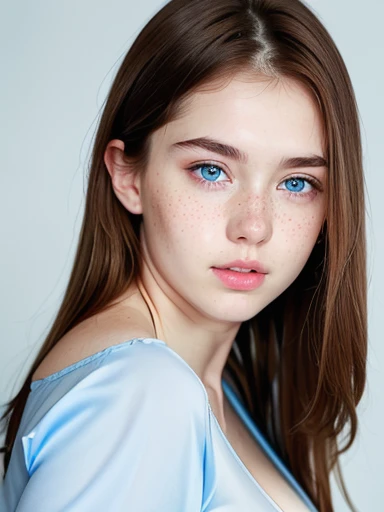 ( girl), Russian, (brown hair), blue eyes, transparent white skin, freckles on the cheeks, (full lips), round nose, thin face. realistic, long legs,He is wearing a light blue shirt, photo sexy, back photo, (big breasts: 1.5)