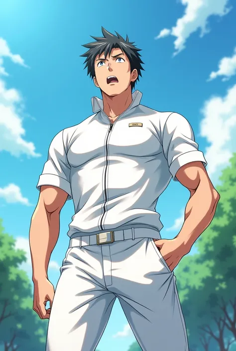 A man in a white gym suit looks up and speaks, eyes sparkling, Japanese anime