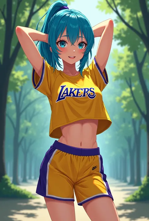 A shy anime girl, lakers uniform yellow, shorts yellow, t-shirt, navel, abs, strong abs, trees background, arms behind head, shy smile, pose sexy, stretching, curved torso, legs crossed, hair cian, blue eyes