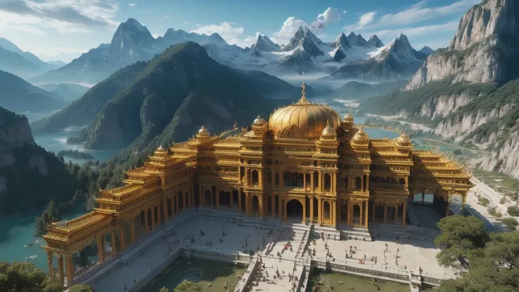 (((bottom to up view))), ((Unreal Engine 5)), ((Masterpiece)), ((ultra high definition)), ((ultra high resolution)), ((full sharpness)), ((maximum quality)), ((Cinematic)), ((8k)), ((a golden palace on a mountain)), ((majestic palace)), ((surrounded by bri...