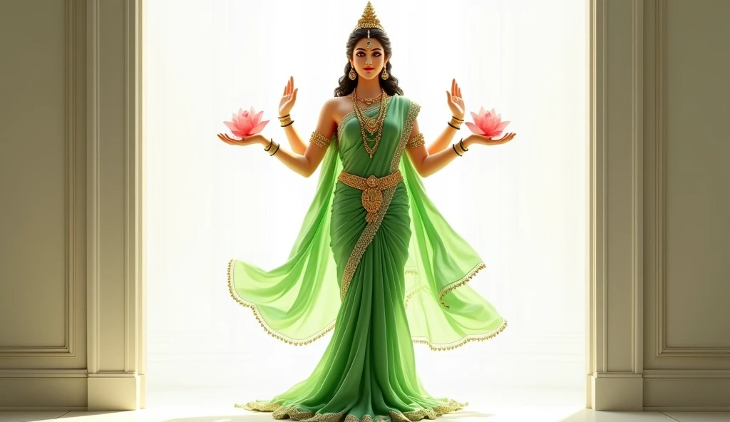 (photorealism:1.2), lord Laxmi Devi entering into my house happily to bless ,green saree, leg silper, standing lotus ,two hand lotus flower,white brackgound 