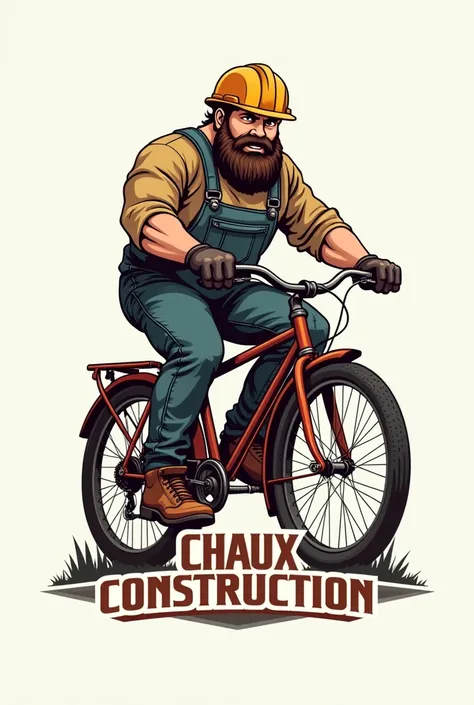 Create a logo called Chaux-Construction with a bearded man dressed as a builder on a bicycle 