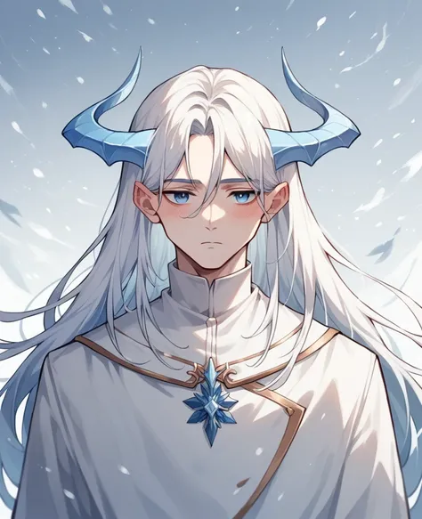 Man, snowy field, light blue horns, white hair, long hair, expressionless, blush, white clothes, blue eyes