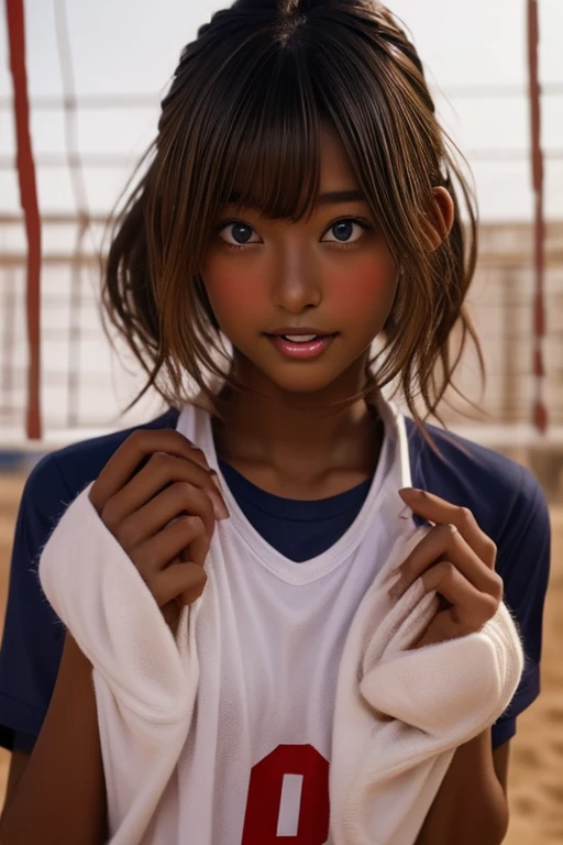 (((( one girl )))), Put your hand over your mouth、Beautiful breasts、 Brown eyes, ((Gal Hairstyles)) blonde, girl, (Eye and facial details:1.0), break, (masterpiece, Highest quality, Very detailed, Detailed face, 8k),( dark skin:2.05 ), (((( volleyball unif...