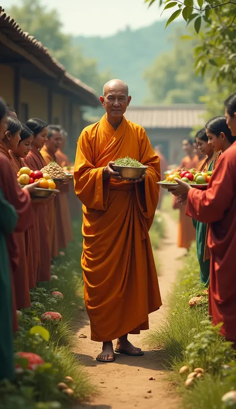 Ek bhikshu logo se bhiksha lete hue. Bhiksha mein fal, anaj aur shuddh bhojan dikhaya gaya hai.