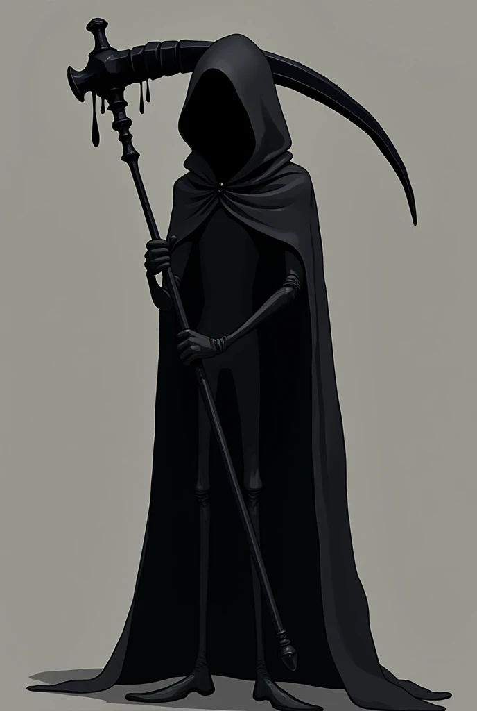 A red stickman with a completely black cloak with a hood and a cape that connects to the hood that only goes on his back as well as a completely black sythe that he holds on his shoulder and the cloak shows his arms and his torso and his legs