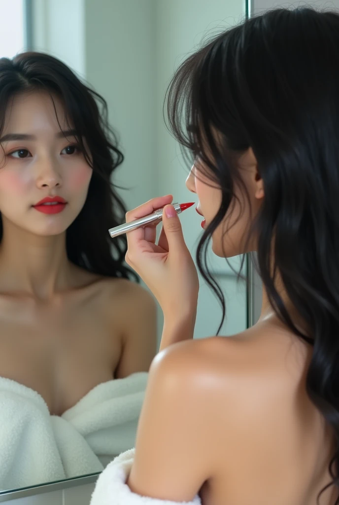 "K-pop style women&#39;Realistic image、Korean Beauty, length, ウェーブのかかったBlack Hair. She took a shower and wrapped a bath towel around her body...、Wet hair、Holding Kota&#39;She is applying lipstick while looking in the mirror.。Wearing makeup。Reproduce clearl...