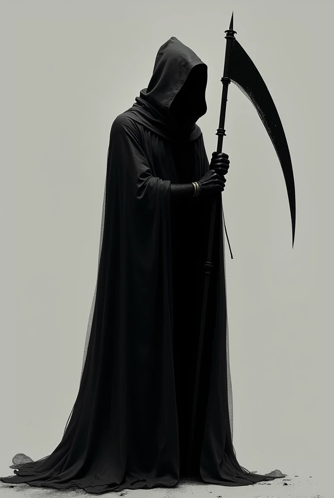 A red stickman with a completely black cloak with a hood and a cape that connects to the hood that only goes on his back as well as a completely black sythe that he holds on his shoulder and the cloak shows his arms and his torso and his legs