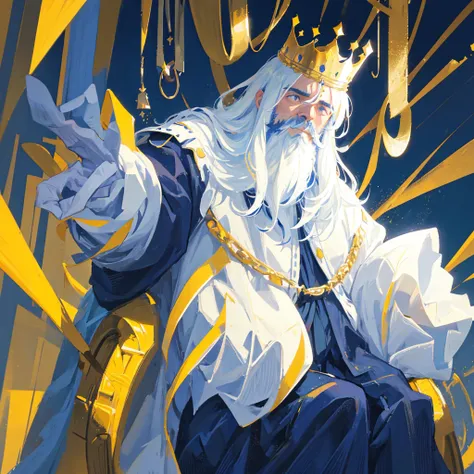 A middle-aged king，Medieval Europe，Bearded，Black beard and hair，crown，majesty，male，Solitary，Yellow, blue and white，((Pure white background))