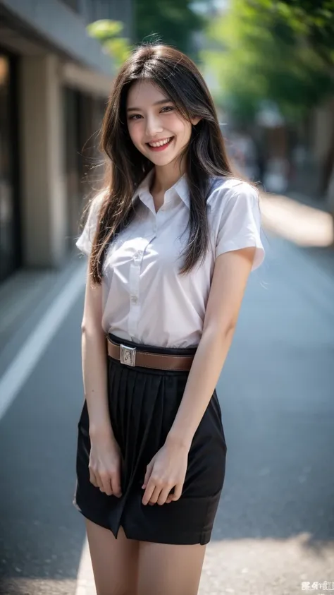 1girl, thai university uniform:1.4, hyper-realistic, white short-sleeve button up shirt:1.2, black pleated skirt:1.2, silver shirt buttons:1.2, silver minimal plain plate belt buckle:1.2, black long straight messy hair:1.2, masterpiece, best quality, high ...