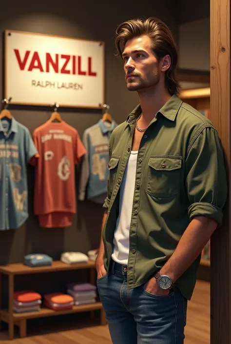 (photorealism:1.2), beautiful man, standing in a store Vanzill Clothing, wearing Ralph Lauren Brand Shirt, Wearing Jeans, Man Standing in Right Corner With Hand In Pocket, Background Unblur, Background A Big Billboard Of Text Vanzill Clothing, Mullet Style...