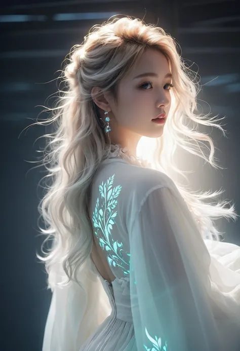 ((jewel_light element)), (Translucent luminous body_wearing a white frilly blouse), (girl made of light: 1.2, Luminous hair_light long wavy hair), (minimalism: 0.5), (Upper body front close-up angle: 1.3), 4K, HDR, acid graphics, fantasy work, [Detailed an...