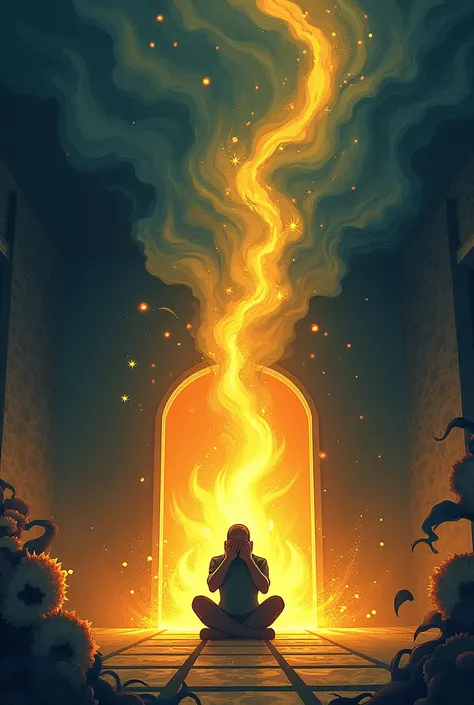 vibrant illustration showing negative energy as dark swirling clouds outside the room, while inside, the person covering their head is shielded by positive golden energy from the shrine."